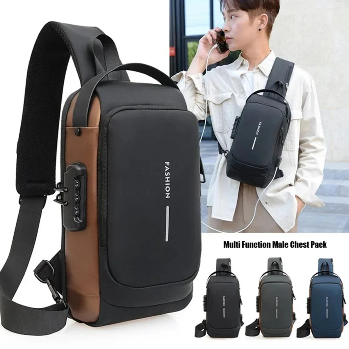 A black multi-function male chest pack bag with brown accents shown next to a man.