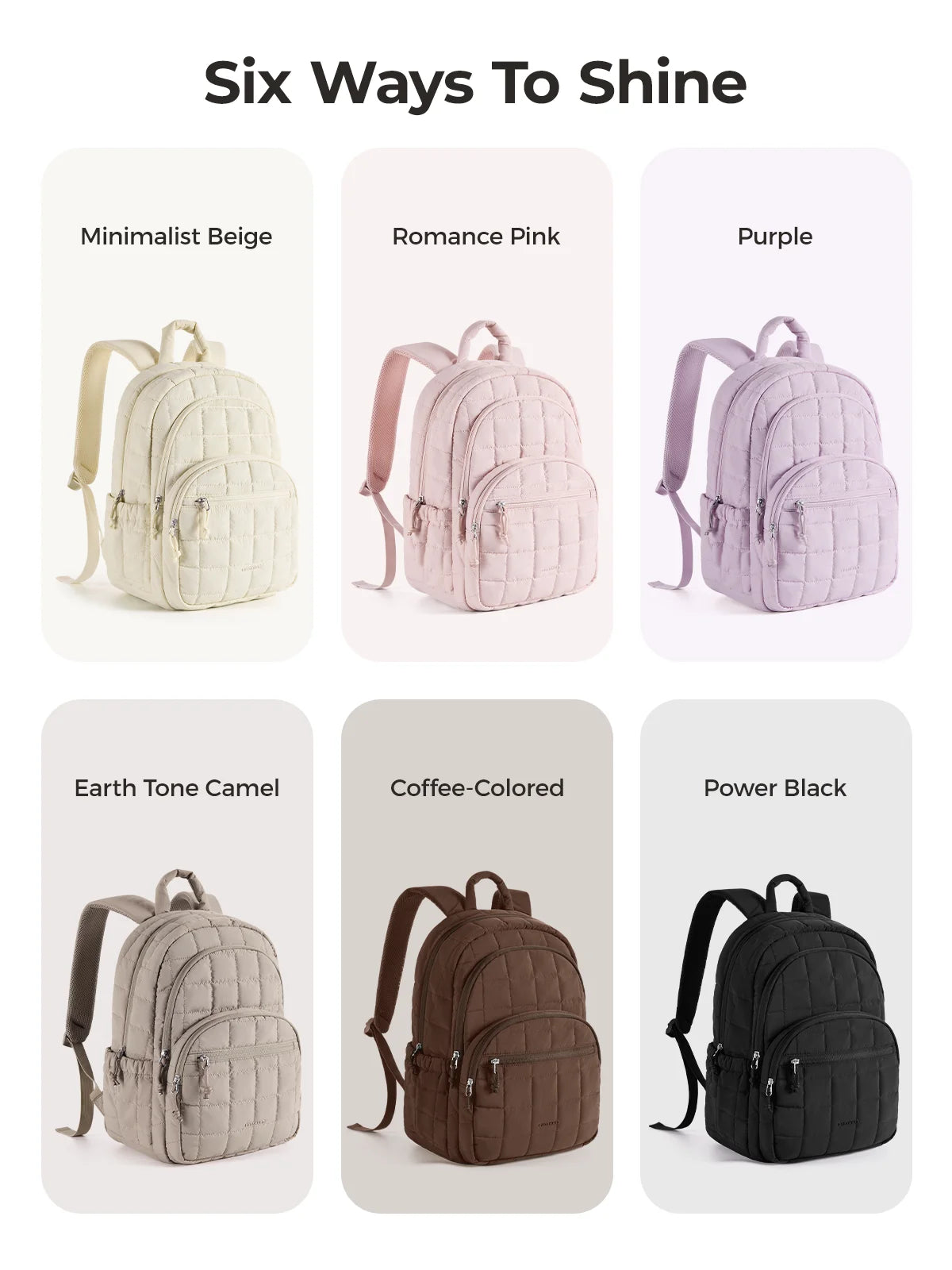 Six color variations of a quilted casual backpack for students including beige, pink, purple, camel, coffee-colored, and blac