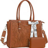 A brown PU leather laptop tote bag with a matching scarf and clutch.