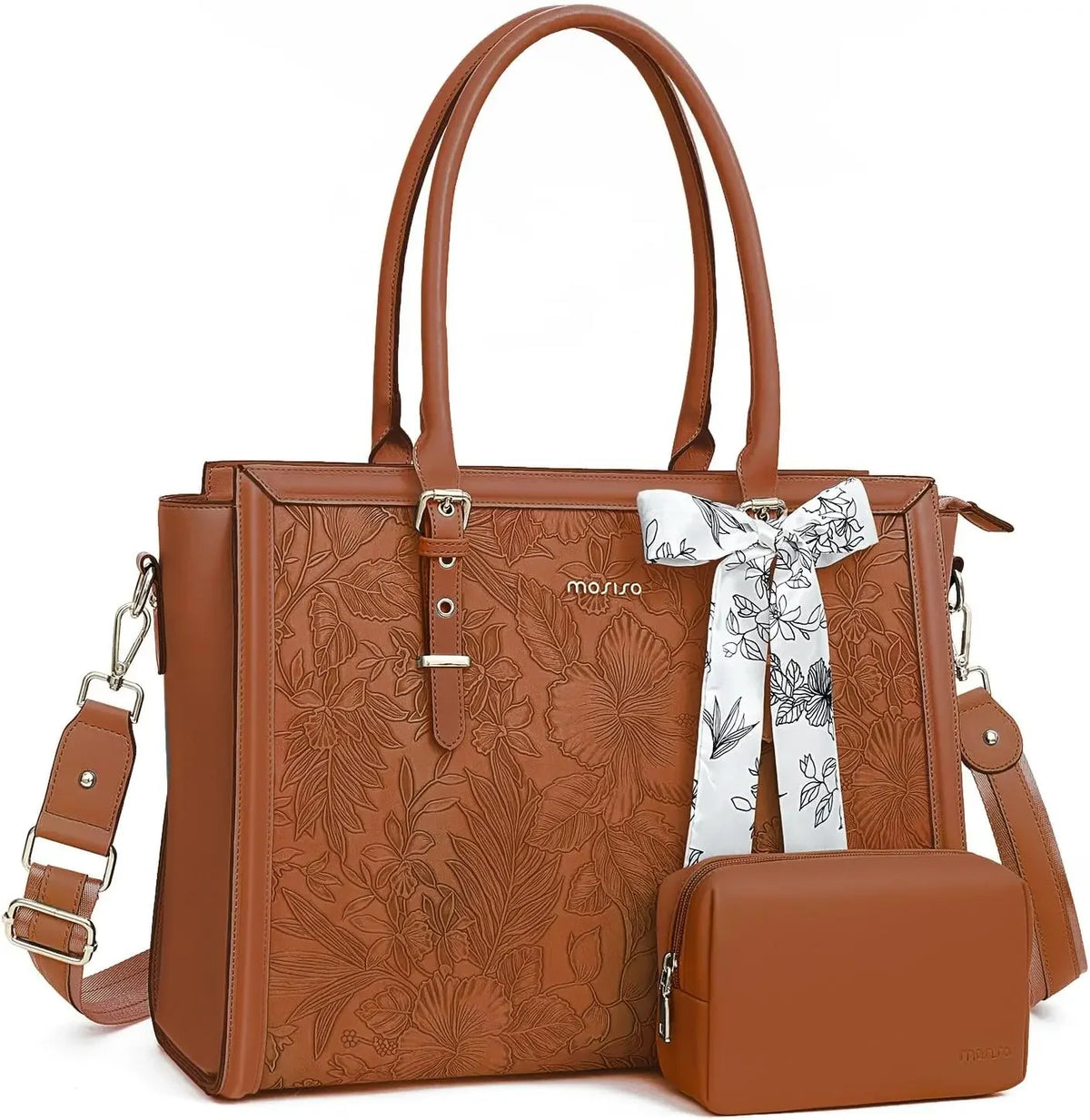 A brown PU leather laptop tote bag with a matching scarf and clutch.