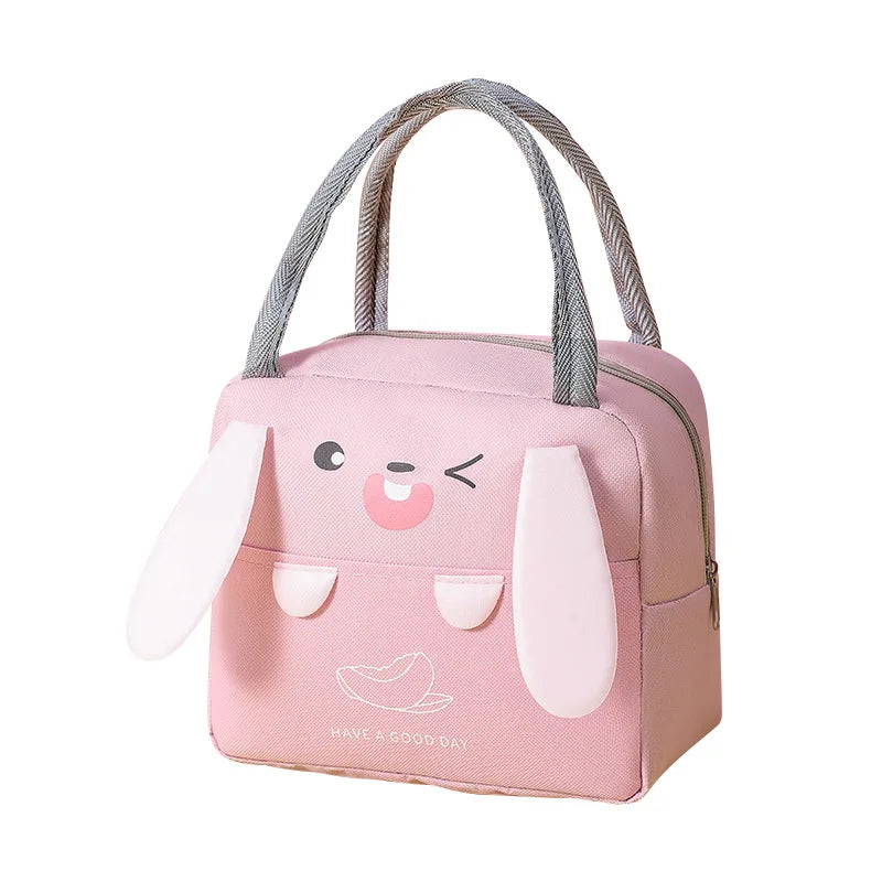 Pink rabbit insulated thermal picnic lunch bag with gray fabric handles