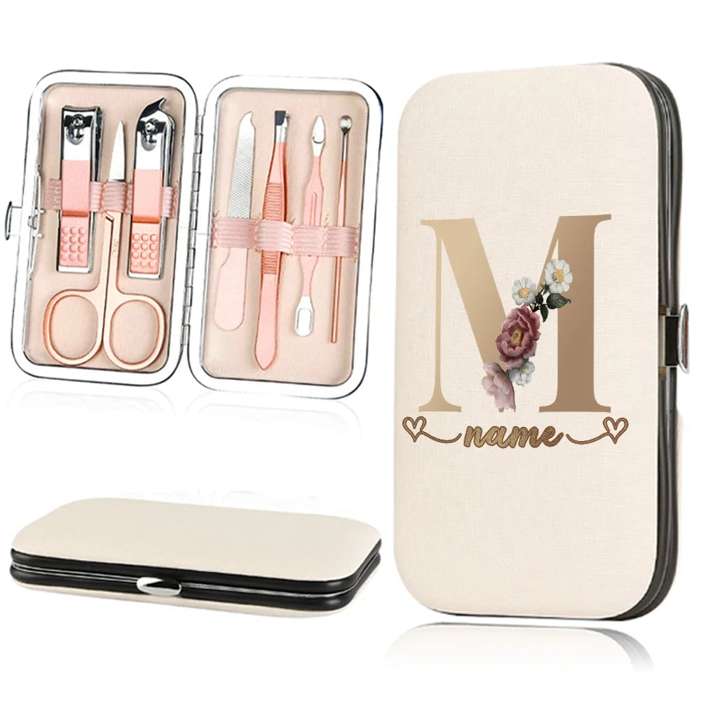 A beige cosmetic pouch containing a stainless steel nail clipper set and a large matching cosmetic case.