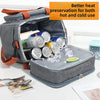 A gray insulated double-deck lunch bag is open, showing various canned foods and ice cubes for heat preservation.