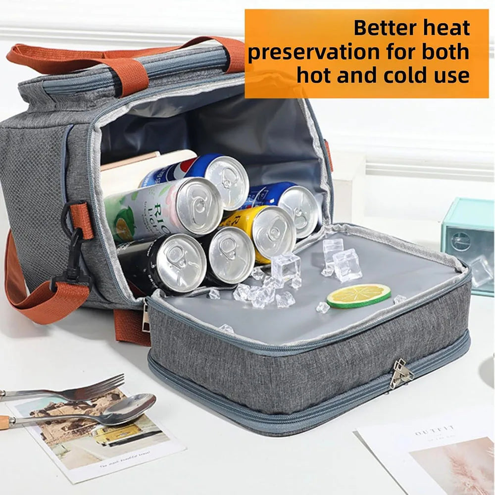 A gray insulated double-deck lunch bag is open, showing various canned foods and ice cubes for heat preservation.