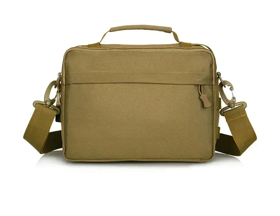 Olive green tactical multifunction fanny pack with adjustable straps and a carrying loop