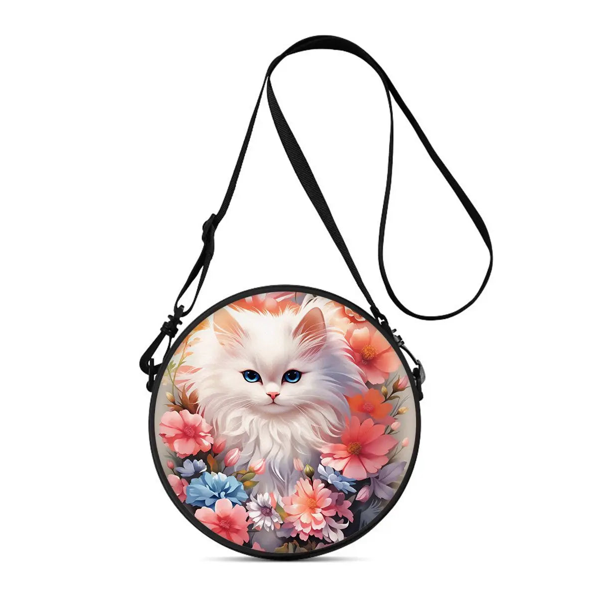 A round crossbody bag featuring a cartoon cat face surrounded by floral patterns and a black strap.