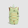 A lime green lightweight travel hiking backpack with orange cord detailing and brown trim.