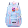 A light blue and pink patterned backpack featuring a unicorn design and purple accents.