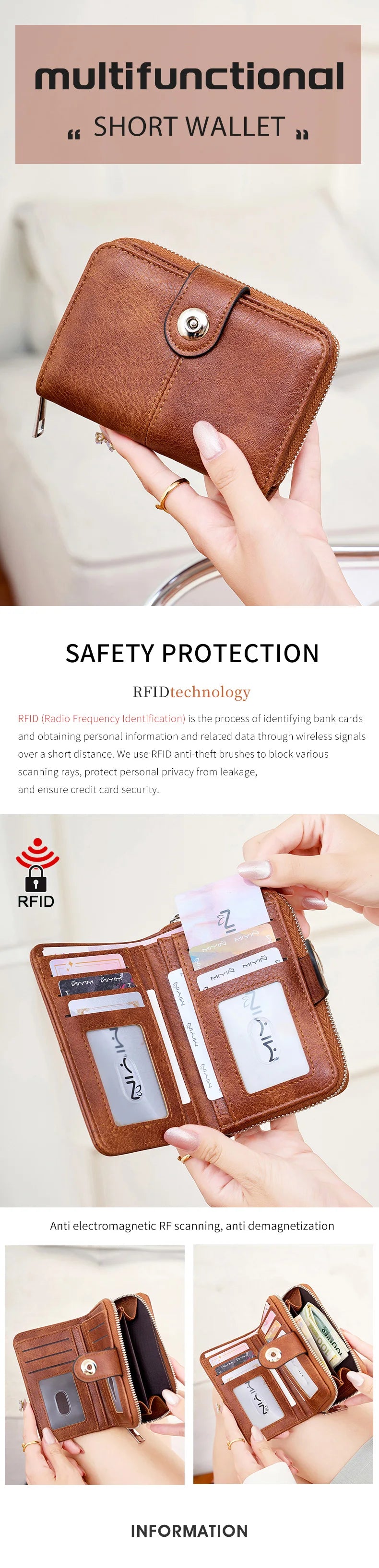 A brown leather multi-functional short wallet is shown being held, demonstrating RFID protection features.