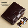 A dark brown oil-waxed leather coffee wallet in a three-fold style with a card slot and a small leather wallet inside.