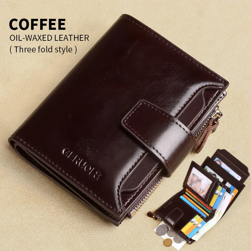 A dark brown oil-waxed leather coffee wallet in a three-fold style with a card slot and a small leather wallet inside.