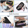 A black leather pencil case is shown open, displaying various pens and pencils inside.