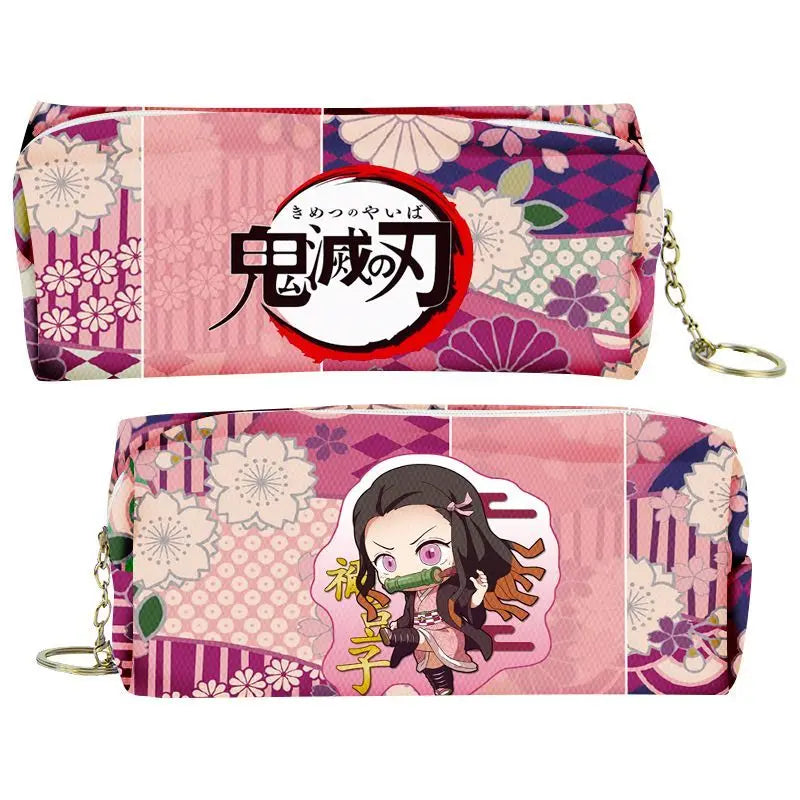Pink and purple Demon Slayer themed PU leather pencil case with a zipper.