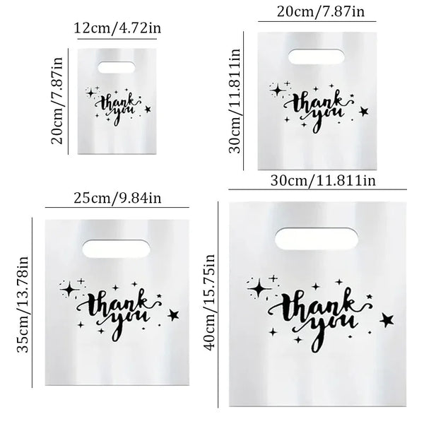 A set of reusable plastic thank you bags in various sizes and designs with black script text