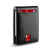 Black textured slim bifold men's wallet with a red card slot visible.