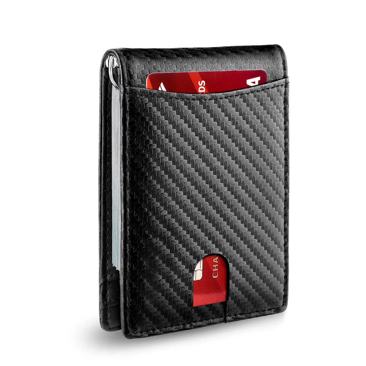 Black textured slim bifold men's wallet with a red card slot visible.