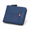 A navy blue leather wallet with a zipper closure and red and white stitching detail.