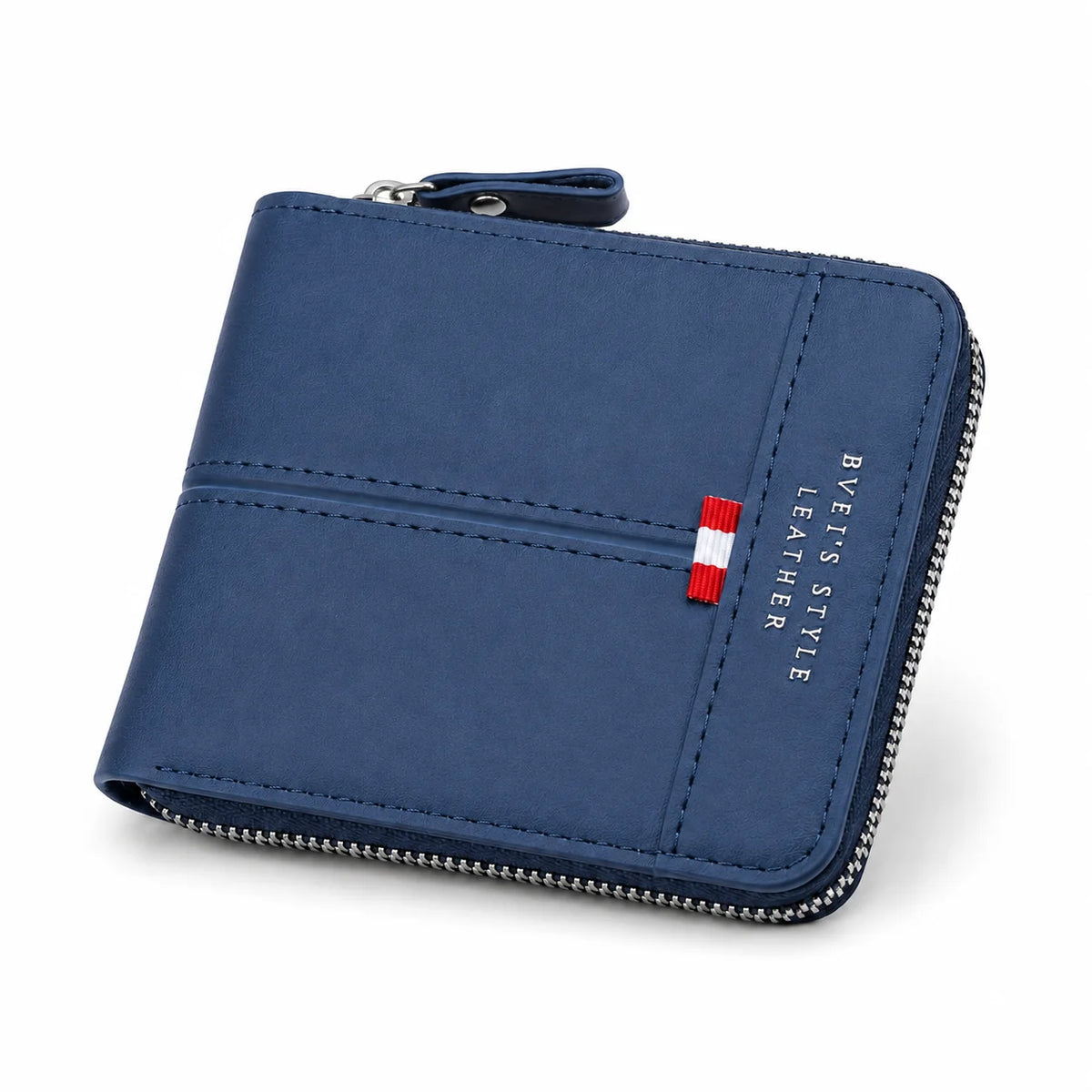 A navy blue leather wallet with a zipper closure and red and white stitching detail.