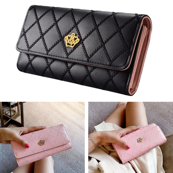 A black quilted long wallet with a gold crown buckle shown in various angles.
