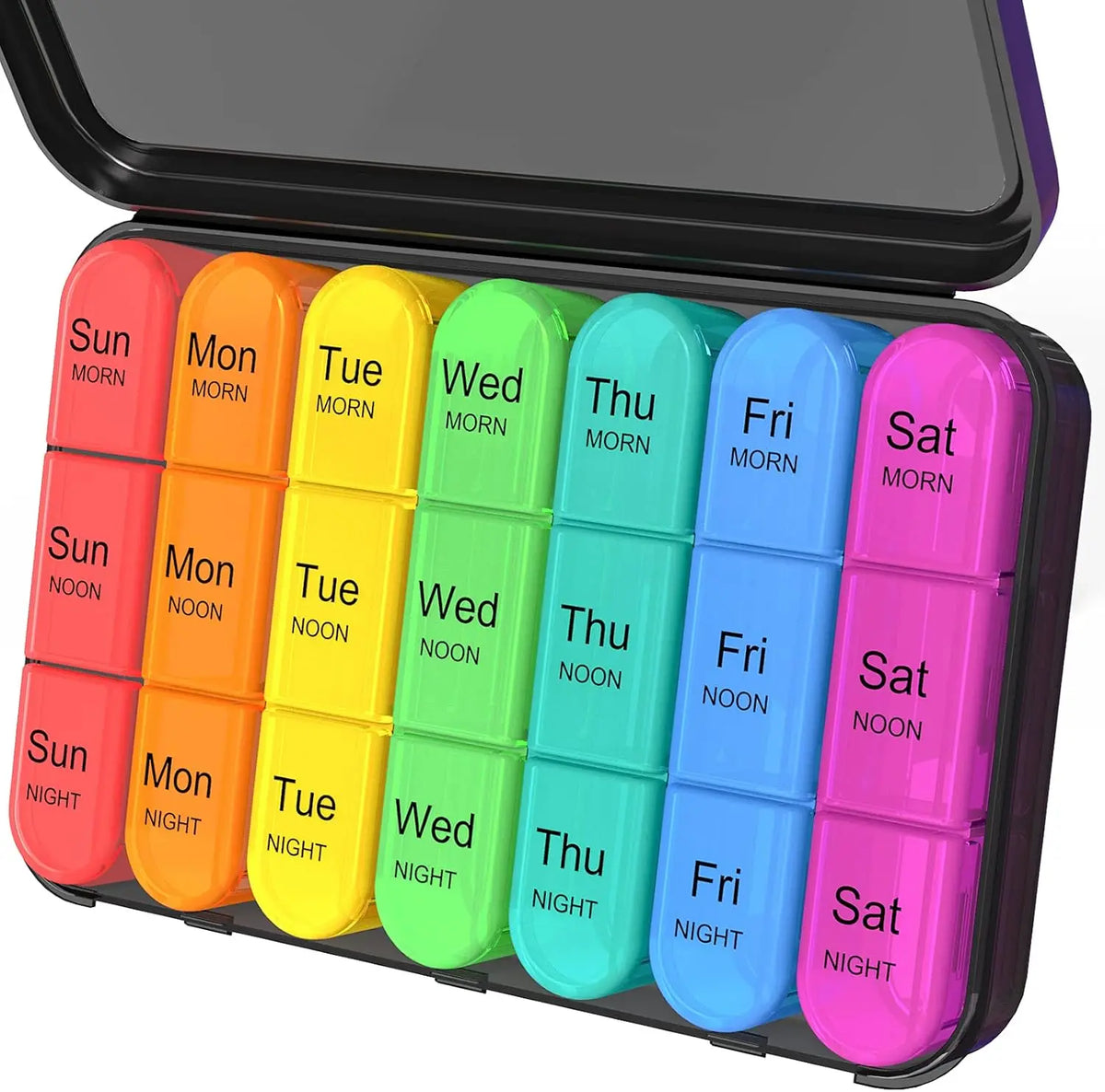 A weekly pill organizer with 7 compartments labeled Sun to Sat, showing different colored pills for morning and night doses.