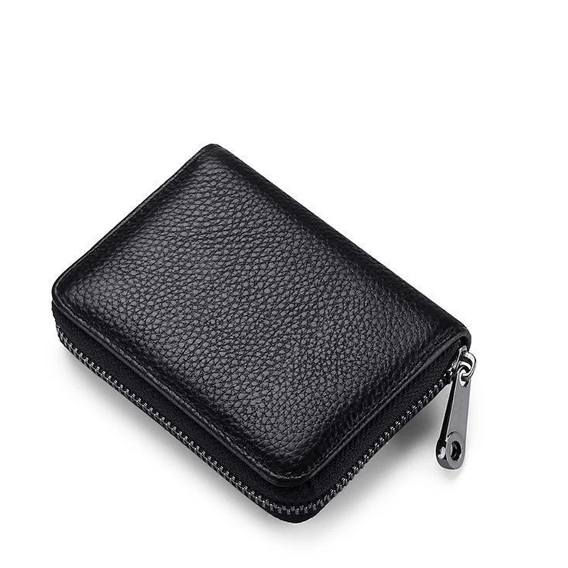 Black leather classic zipper card holder wallet shown from above