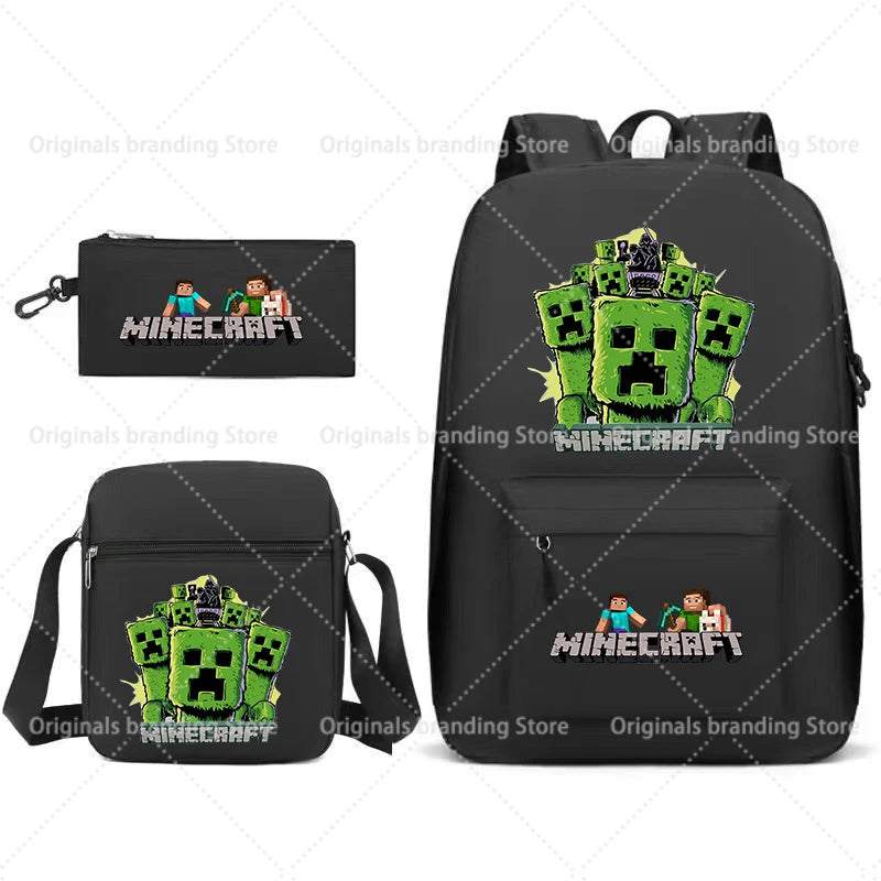 A black backpack featuring a Minecraft themed graphic and an accompanying black pouch.