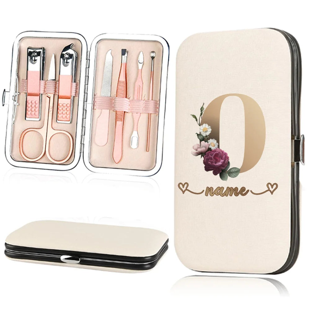 A beige cosmetic case holds a stainless steel nail clipper set with scissors and other tools.