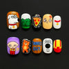 A set of ten cute cartoon press-on nails featuring various characters and designs on a black background.