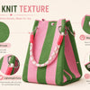 A pink and green striped knit bucket tote bag with a magnetic closure, shown next to details about its soft texture and daily