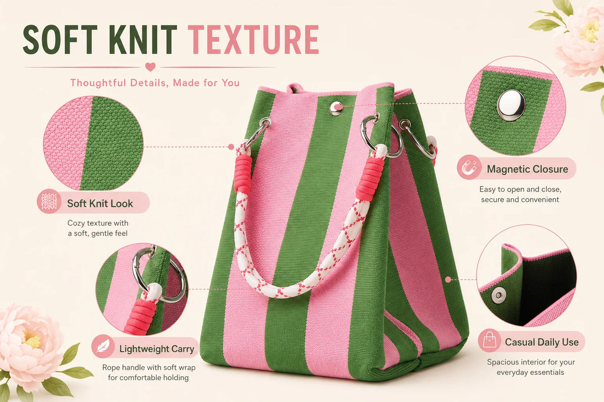 A pink and green striped knit bucket tote bag with a magnetic closure, shown next to details about its soft texture and daily