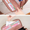 A close-up of a vintage double-zipper RFID blocking wallet in dusty rose leather, shown being held by a hand.