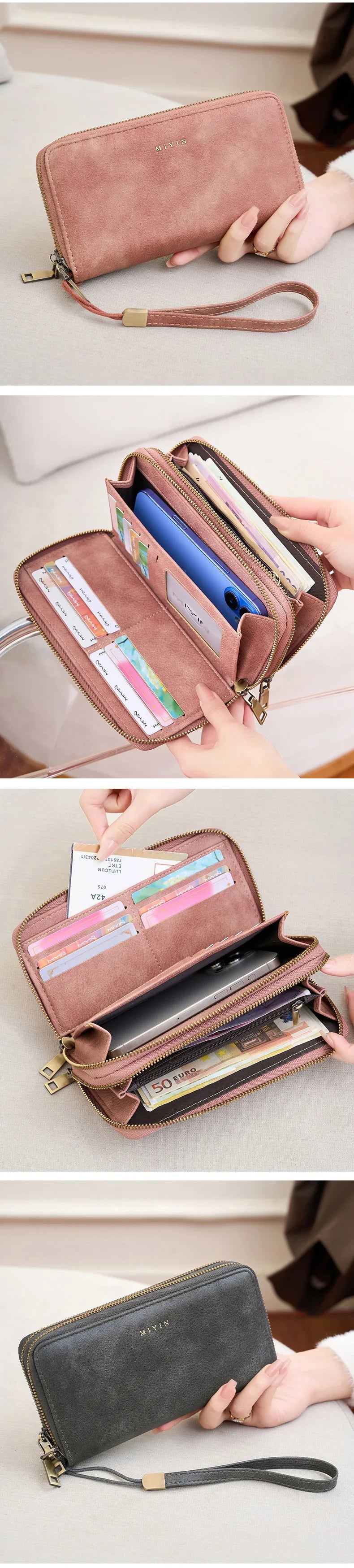 A close-up of a vintage double-zipper RFID blocking wallet in dusty rose leather, shown being held by a hand.