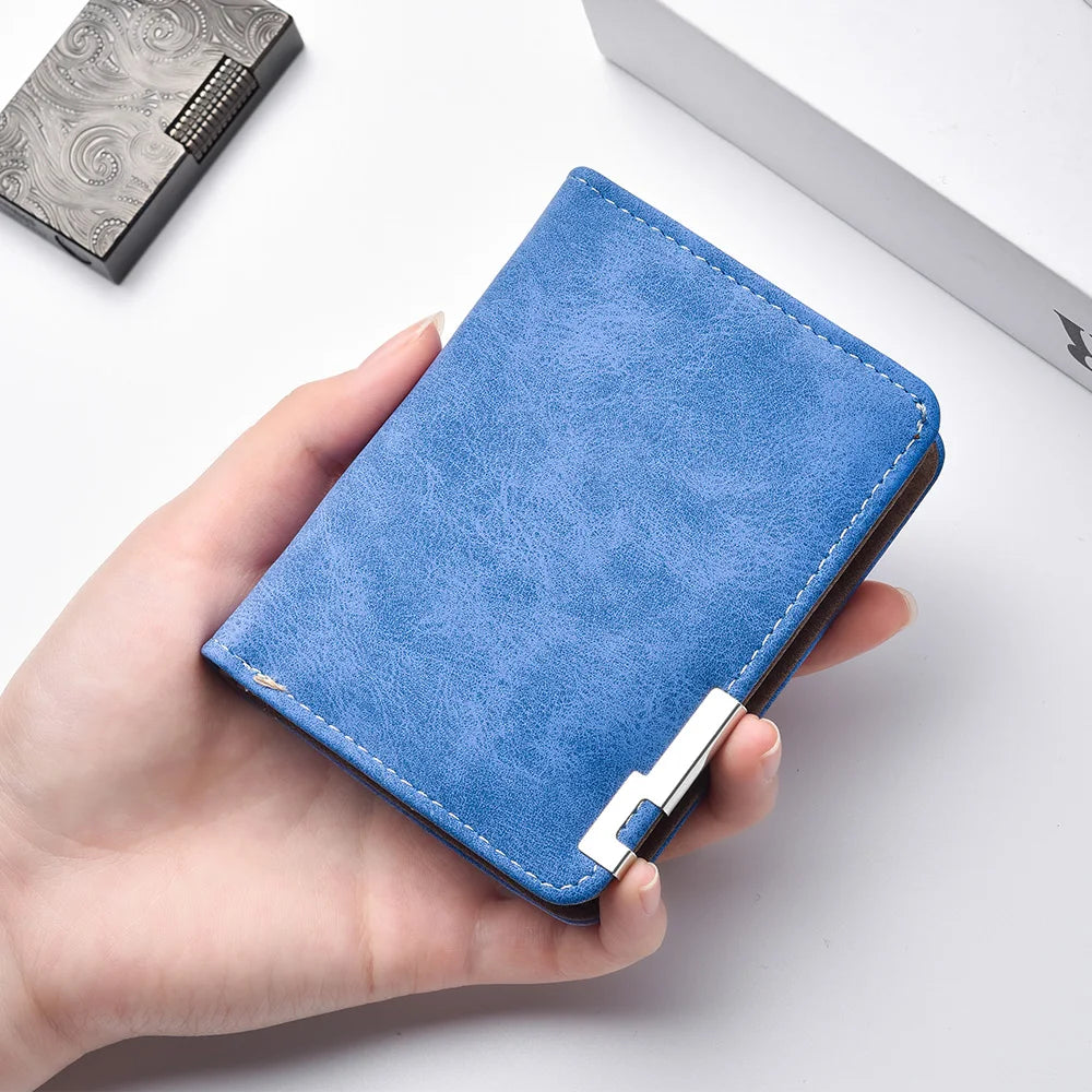 A hand holds a blue PU leather men's wallet with card slots next to a gray box.