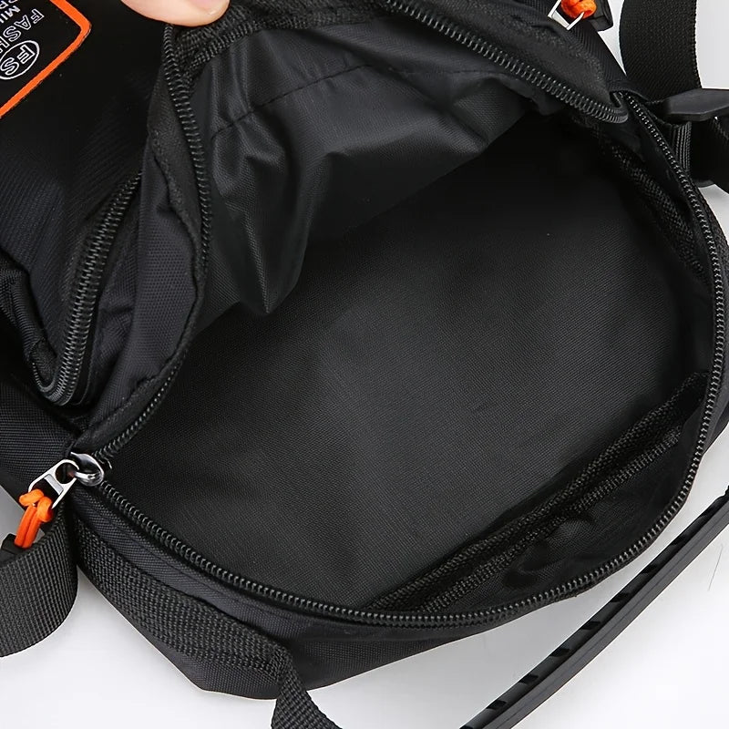 Black men's crossbody sling bag open showing the interior and zipper details