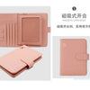 A pink slim PU leather wallet with a magnetic open mode and a separate card slot.