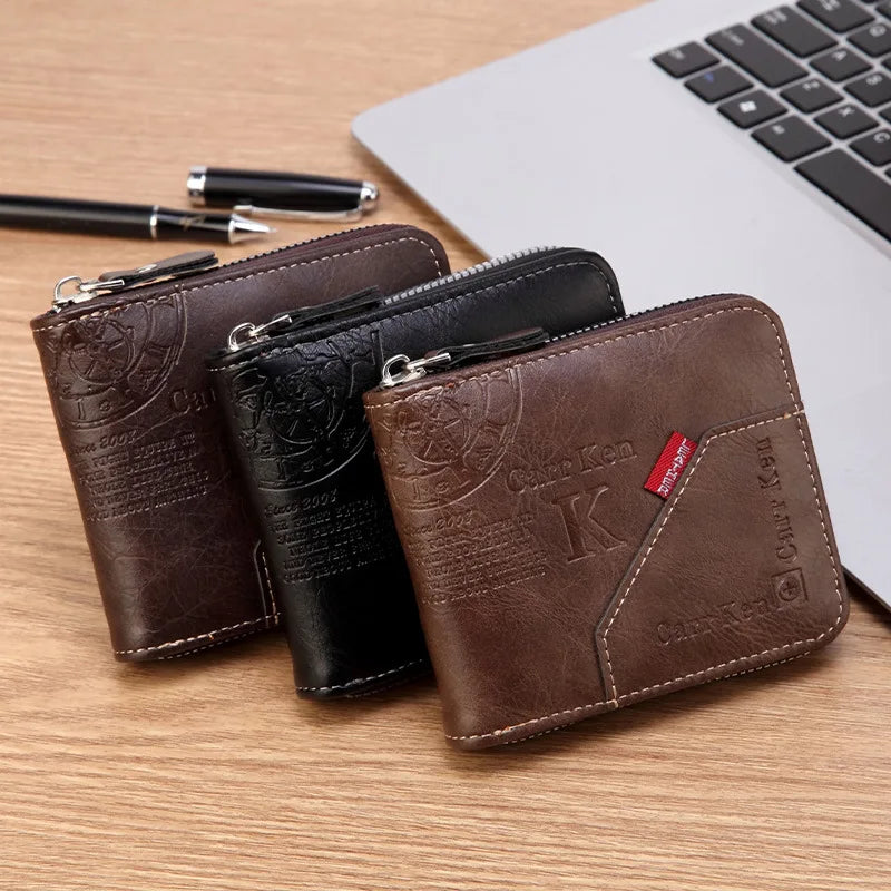 A brown leather bifold wallet with a black sleeve is shown next to a silver pen on a wooden surface.