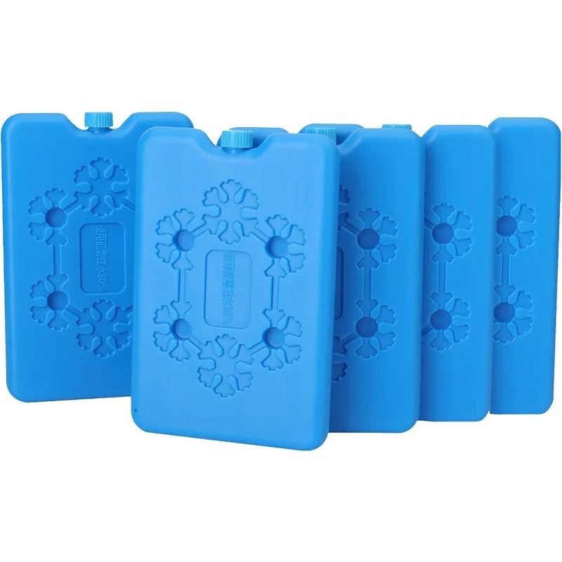 A set of four blue reusable gel ice packs for food preservation.