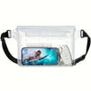 Clear waterproof pouch designed to protect a mobile phone, featuring a protective case and strap.