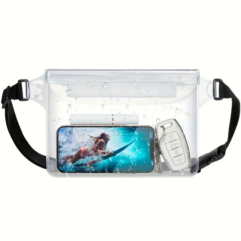 Clear waterproof pouch designed to protect a mobile phone, featuring a protective case and strap.