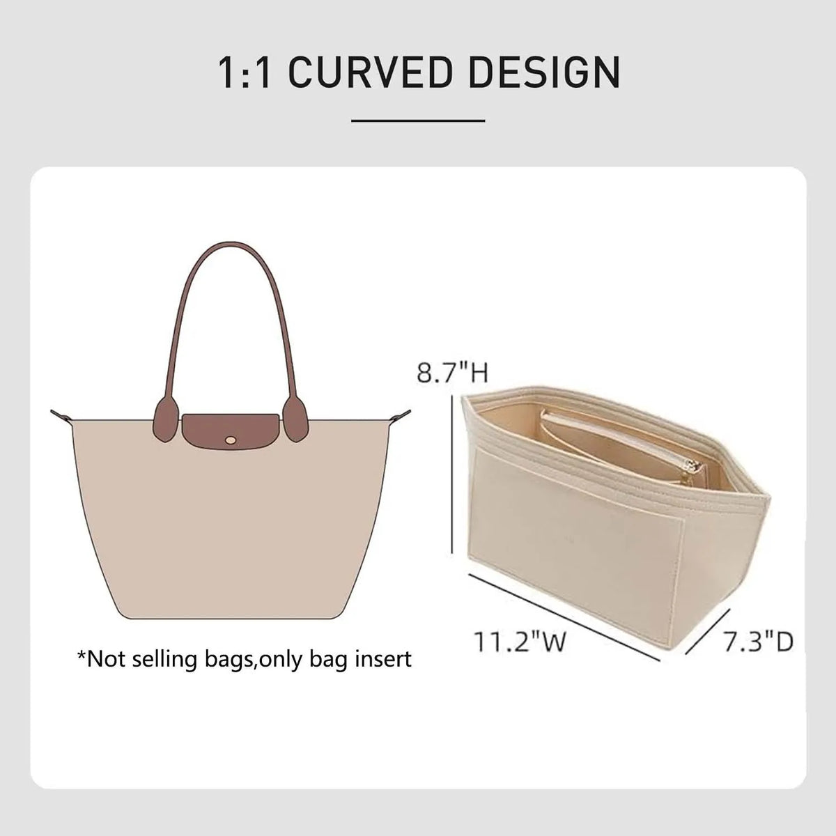 A light beige 1:1 curved design felt mini bag organizer pouch for handbags.