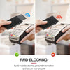 أيدٍ تُظهر محفظة حامل بطاقة RFID مانعة للرجال، تعرض إشارة ناجحة ومحجوبة.