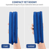 Blue double layered pencil case shown folded and unfolded on a hand