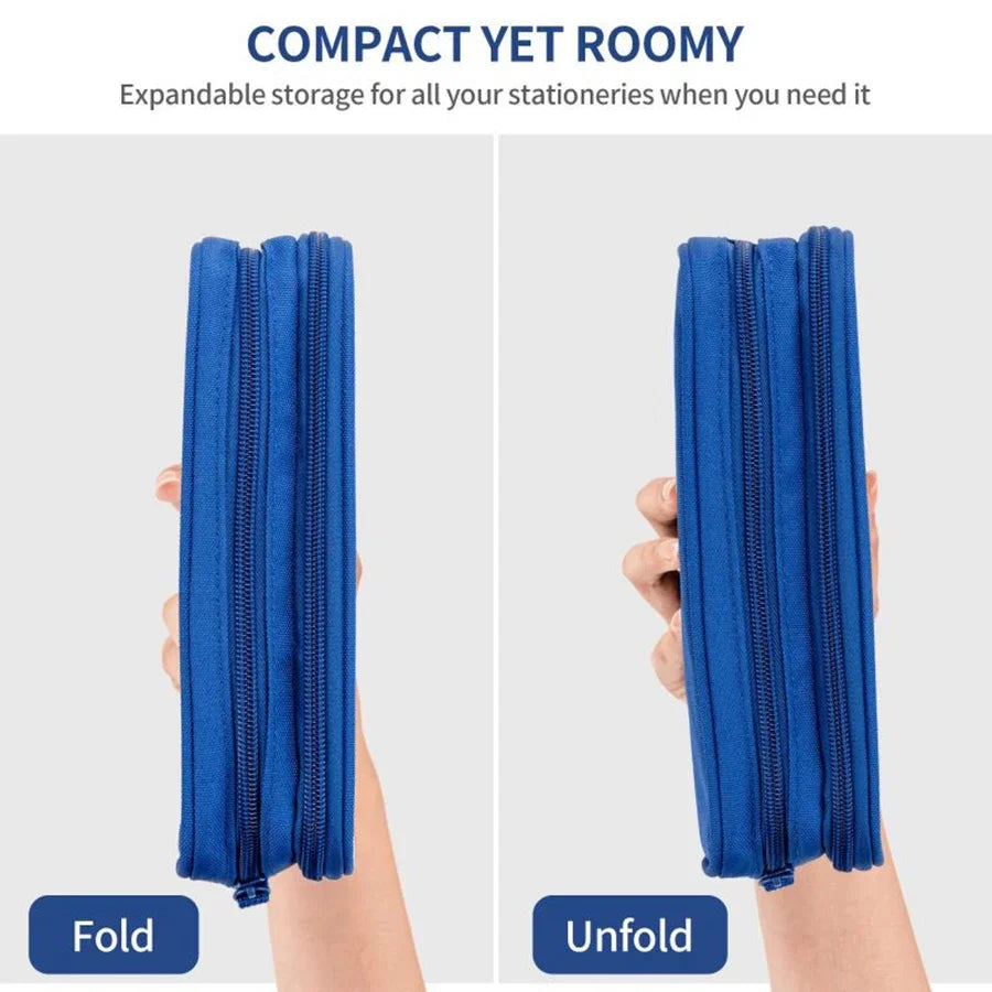 Blue double layered pencil case shown folded and unfolded on a hand