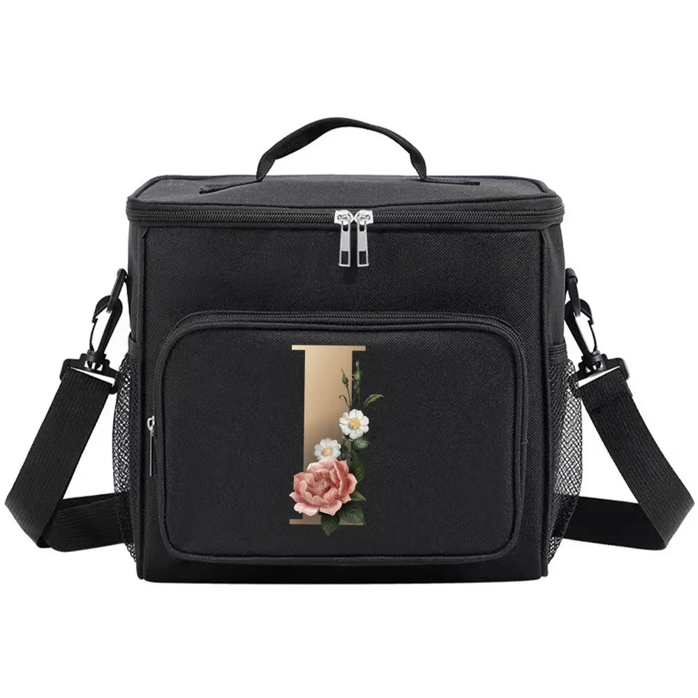 Black insulated canvas lunch bag with dual handles and a rose design