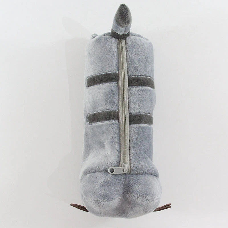 A gray, plush storage pouch shaped like an anime cat with a zipper and small ears.