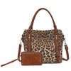 A brown leather tote bag with a leopard print pattern and a matching leather clutch.