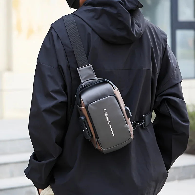 A black hooded jacket is shown with a brown leather sling bag attached to the back.