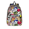 A colorful sport backpack featuring various cute animal and character designs on a black background.