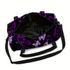 A large waterproof travel duffle bag featuring a vibrant purple and black butterfly print.