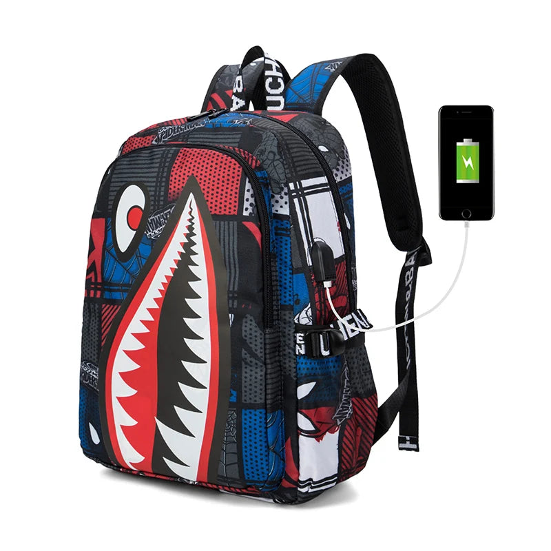 A black and red patterned waterproof anti-theft casual travel backpack with a green light attached.
